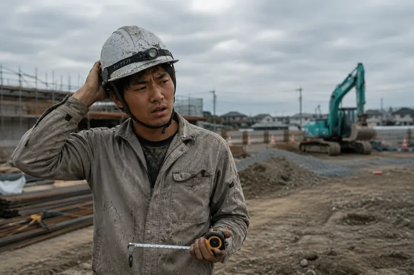 曇りの日の現場。スケールを持った若い作業員が、困った顔で頭に手をやっている