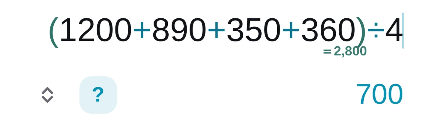 電卓の式 (1200+890+350+360)÷4。括弧の下に小計2,800、右に答え700