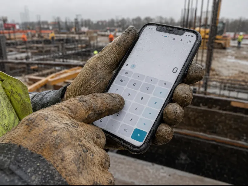 雨の現場。泥だらけの軍手をした手が、スマートフォンの電卓の数字キーを押している
