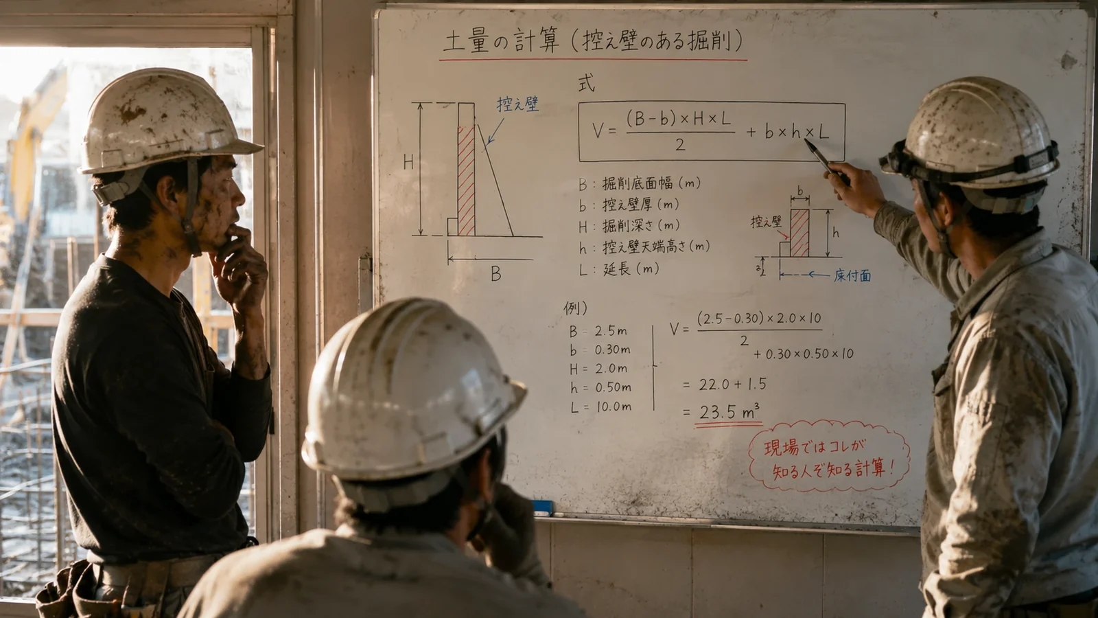 現場事務所のホワイトボード。控え壁のある掘削の土量を出す式が、図と例つきで書かれている